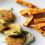 Baked Chickpea Patties with Yogurt Sauce And Sweet Potato Oven Fries