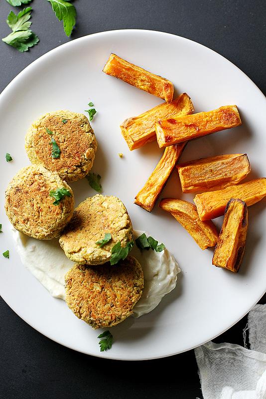 Baked Chickpea Patties with Yogurt Sauce And Sweet Potato Oven Fries Recipe