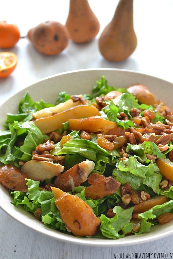 Sukkot Recipes- Autumn Pear Salad with Pecans & Golden Raisins. Jewish Foods.