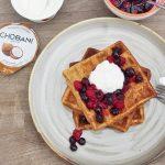 Banana, Oat And Linseed Waffles With Coconut Yoghurt And Berry Compote