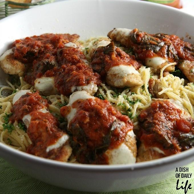 Chicken Parmesan Tenderloins Over Roasted Garlic Spaghetti