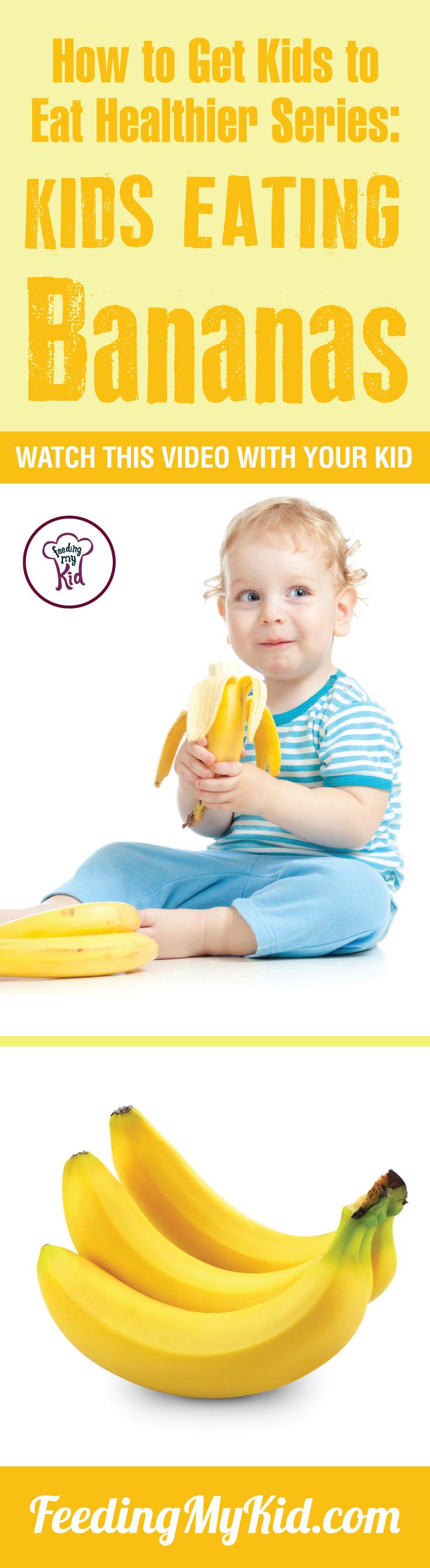 This is a must pin! Want your kids to eat bananas? Teach your kids how to eat more vegetables and fruits. Watch these videos with your kids of kids eating veggies and fruits and get your kids to eat veggies and fruits. Find out how it works here. Feeding My Kid is a filled with all the information you need about how to raise your kids, from healthy tips to nutritious recipes. #pickyeating #getkidstoeat #bananas