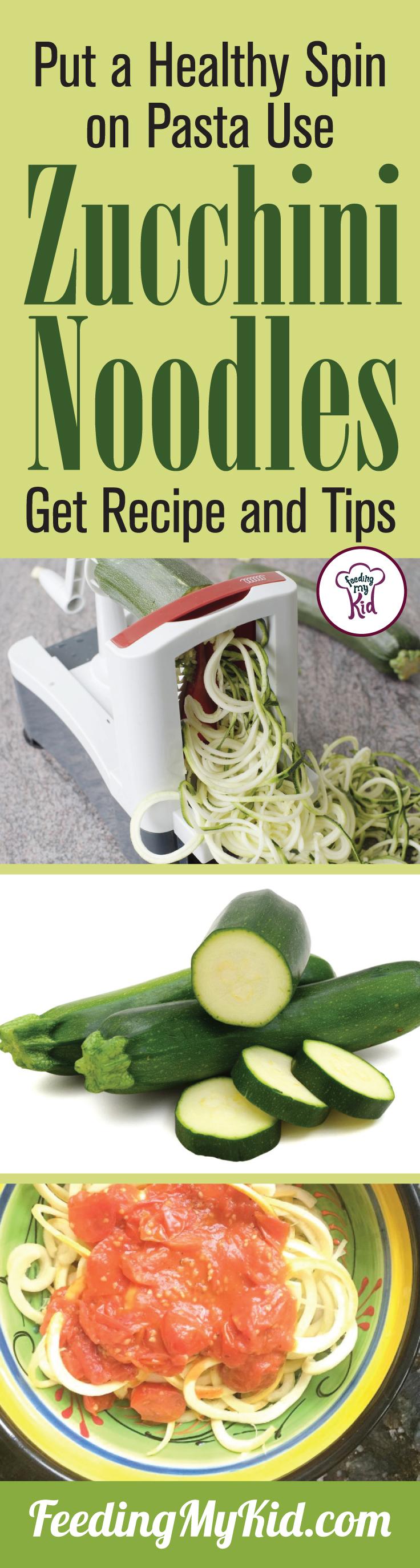 Find out how you can put a spin on zucchini with a vegetable spiralizer to get kids having fun and eating! Plus a great zoodle recipe! Feeding My Kid is a filled with all the information you need about how to raise your kids, from healthy tips to nutritious recipes. #recipes #zucchini #noodles #zoodles #dabblingchef