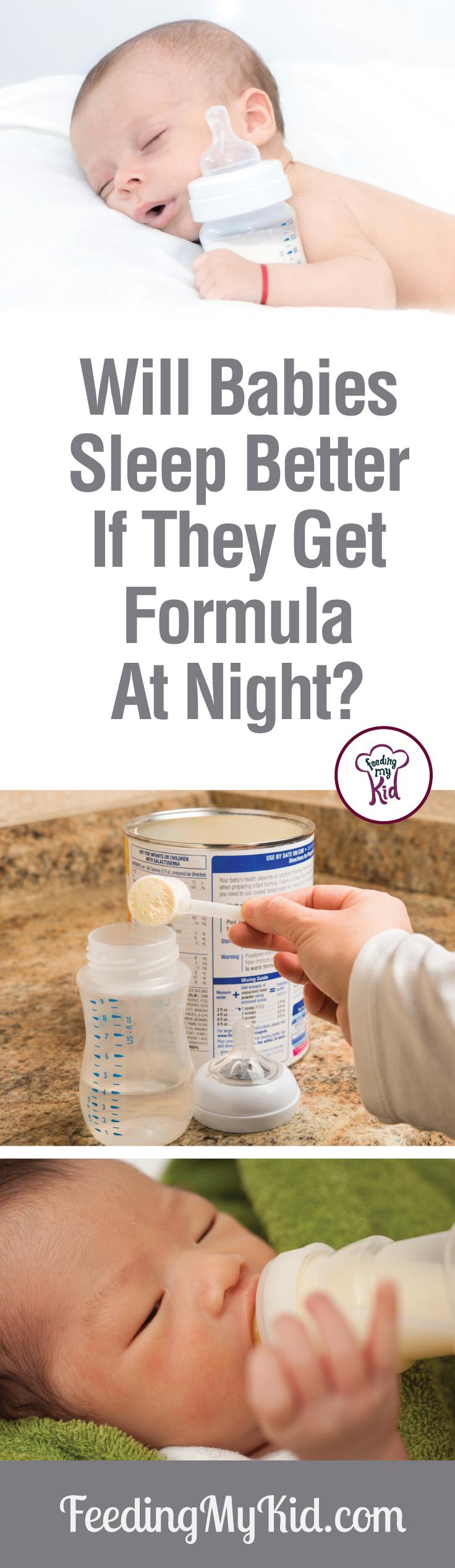 Is formula a quick-fix for getting babies to sleep better? Find out why feeding formula at night may not be the right solution. Feeding My Kid is filled with all the information you need about how to raise your kids, from healthy tips to nutritious recipes. #FeedingMyKid #newborn #newbornbaby #babywon’tsleep #babysleep #whendobabiessleepthroughthenight #babysleeptraining #howtomakebabysleep #sleepingthroughthenight