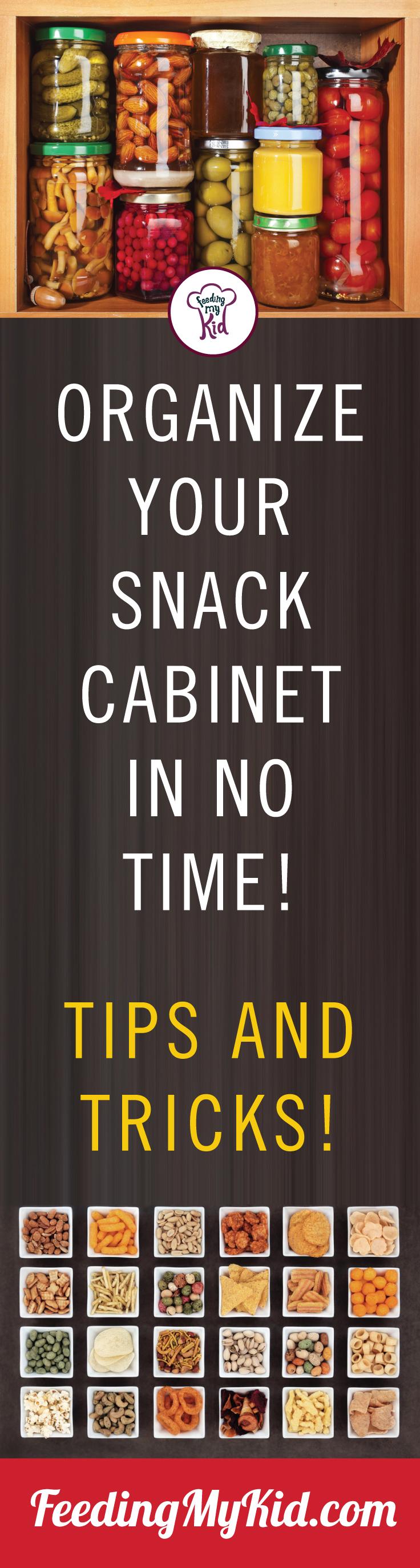 Ever have trouble trying to find a snack in the pantry? Organize your snack cabinet today! Check out these great pantry organization ideas! Feeding My Kid is a filled with all the information you need about how to raise your kids, from healthy tips to nutritious recipes. #FeedingMyKid #pantry #snack #kitchenorganization