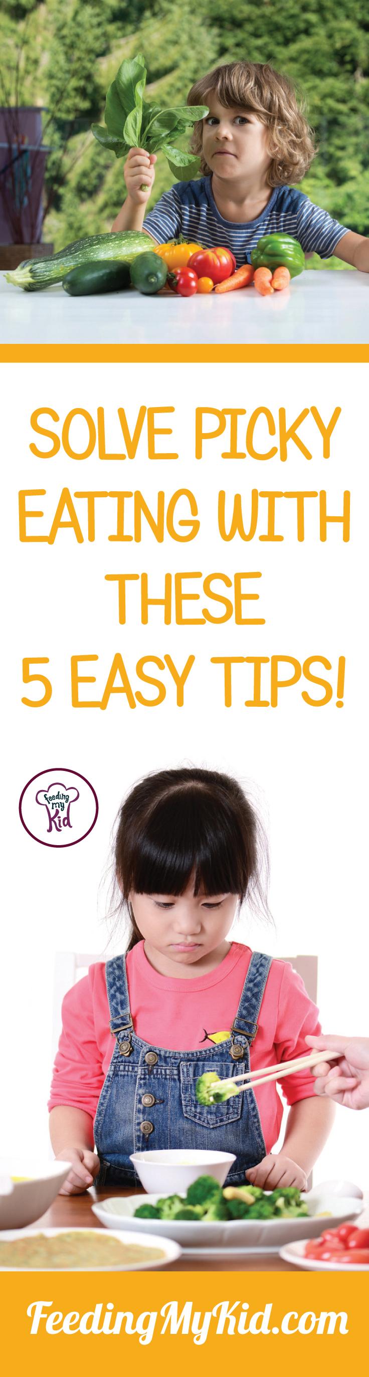 Solve picky eating today! Check out this great video on 5 tips to help your fussy eaters not be so fussy anymore. Feeding My Kid is a filled with all the information you need about how to raise your kids, from healthy tips to nutritious recipes. #FeedingMyKid #pickyeating #tips #kidshealth