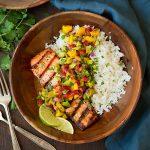 Grilled Lime Salmon With Avocado Mango Salsa And Coconut Rice