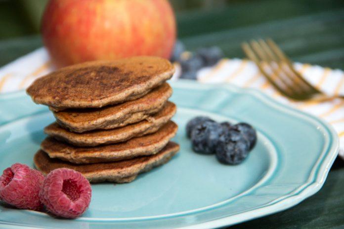 These apple pie pancakes are perfect for fall! These gluten-free pancakes have nutritious almond flour, flaxseed, and fresh apples.