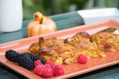 This Pumpkin Challah French toast casserole recipe is loaded with the health benefits of pumpkin and all the cinnamon goodness of Fall.
