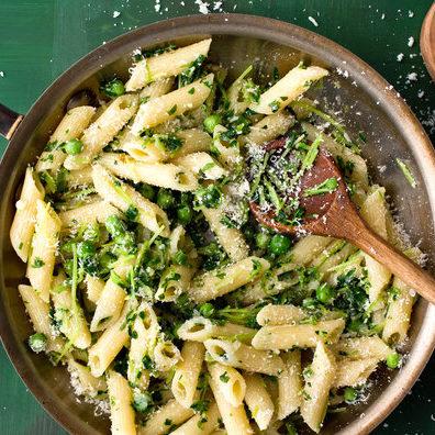 Penne With Peas, Pea Greens and Parmesan
