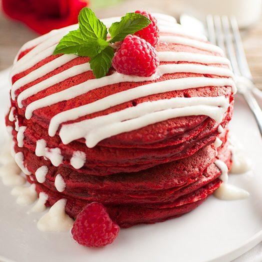 Red Velvet Pancakes with Cream Cheese Glaze