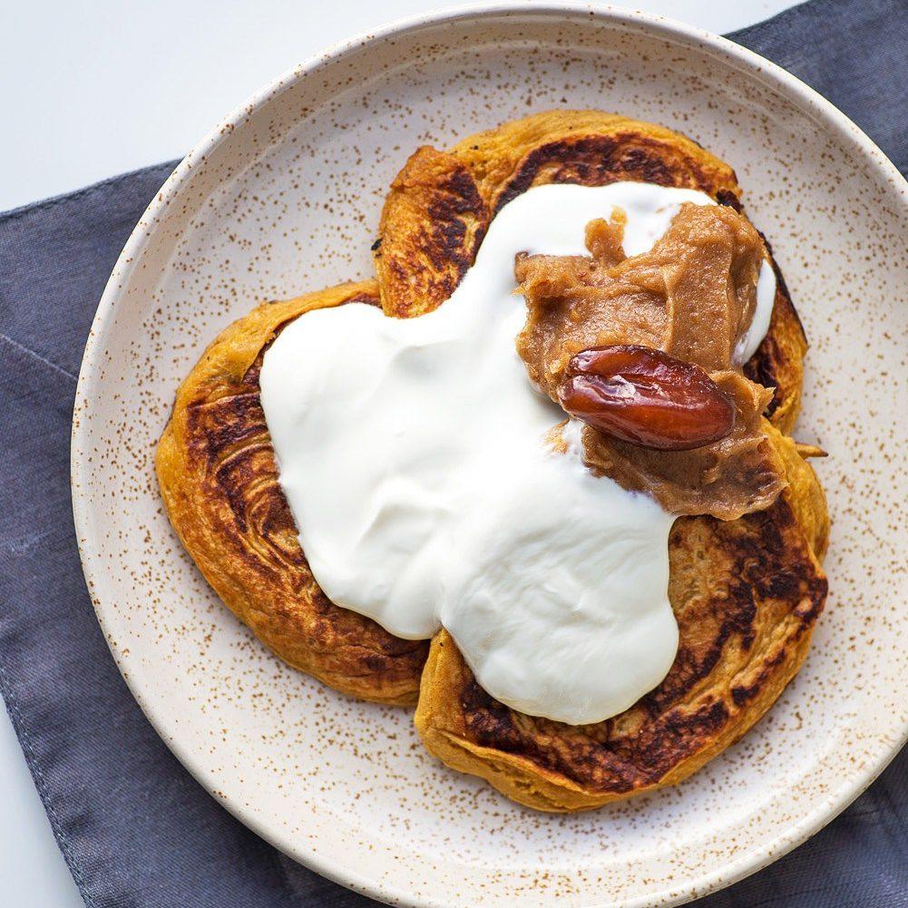 Sweet Potato Pancakes with Yogurt and Date Paste