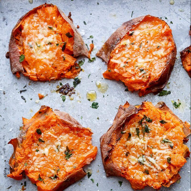 Garlic Butter Smashed Sweet Potatoes With Parmesan Cheese