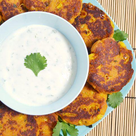 Sweet Potato Corn Cakes With Garlic Dipping Sauce