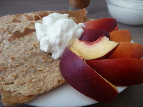 Pancakes, yogurt, and peaches. Breakfast of champions!