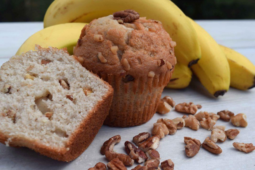 Banana Bread Muffins Topped with Pecans. Delicious!